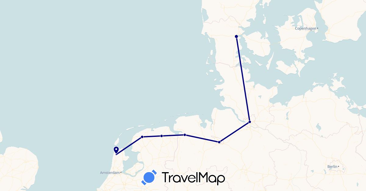 TravelMap itinerary: driving in Germany, Denmark, Netherlands (Europe)